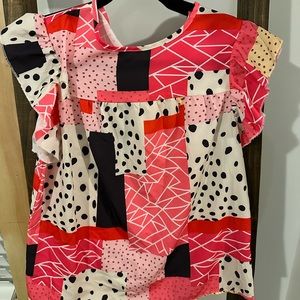 SHEIN VCAY Patchwork Print Ruffle Trim Blouse